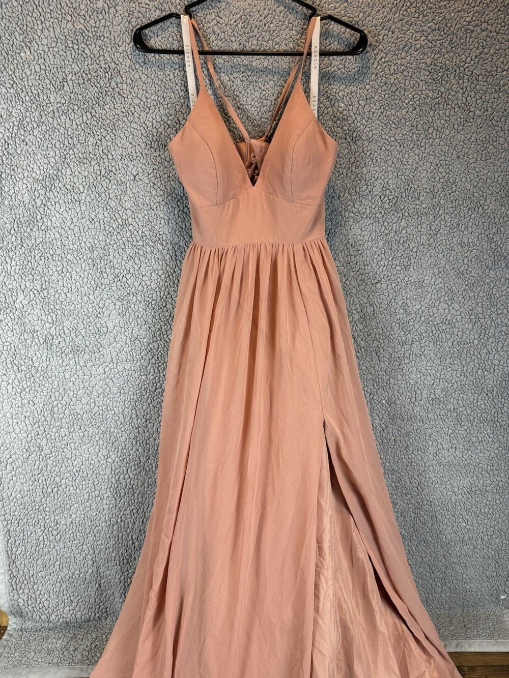 Azazie Aaida A-Line Corset Chiffon Dress Size 2/A2 Slit Maxi Salmon Pink